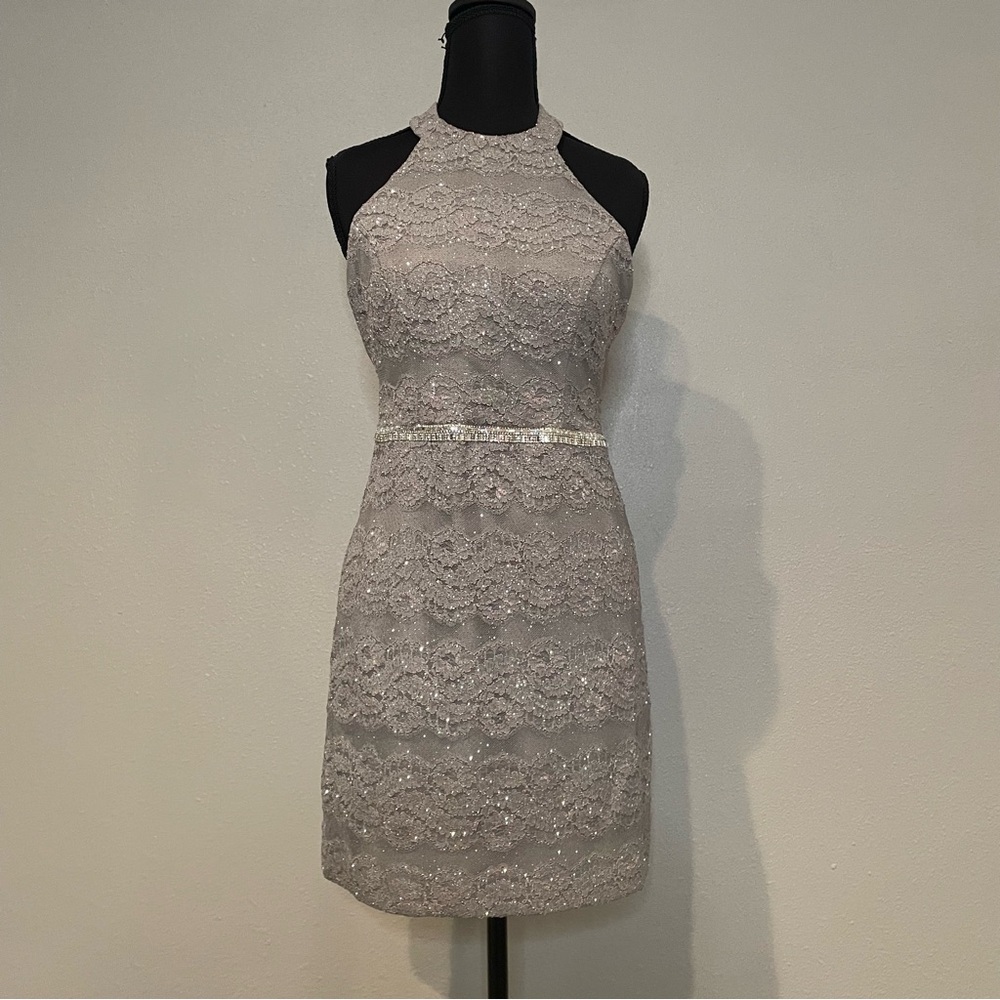 City Studio Sz 5 Gray Lace Halter Sequin Formal Cocktail Party Dress Homecoming